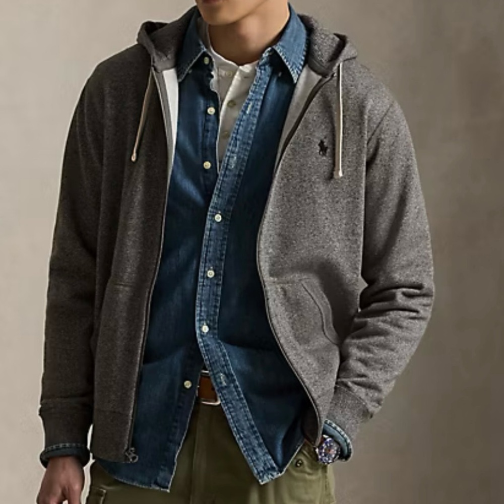 Ralph Lauren Gray Fleece Full-Zip Hoodie Sweater Classic Preppy Minimalist L